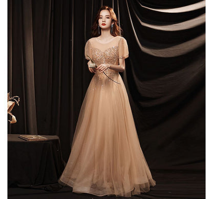 Mesh Neck Round Dress Sequin Evening Cocktail Gown A-Line Short-Sleeve /