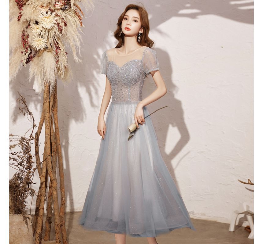 Mesh Neck Round Dress Sequin Evening Cocktail Gown A-Line Short-Sleeve /