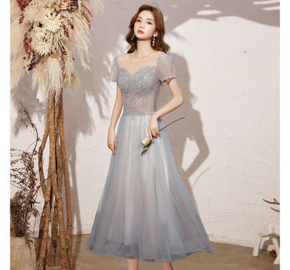 Mesh Neck Round Dress Sequin Evening Cocktail Gown A-Line Short-Sleeve /