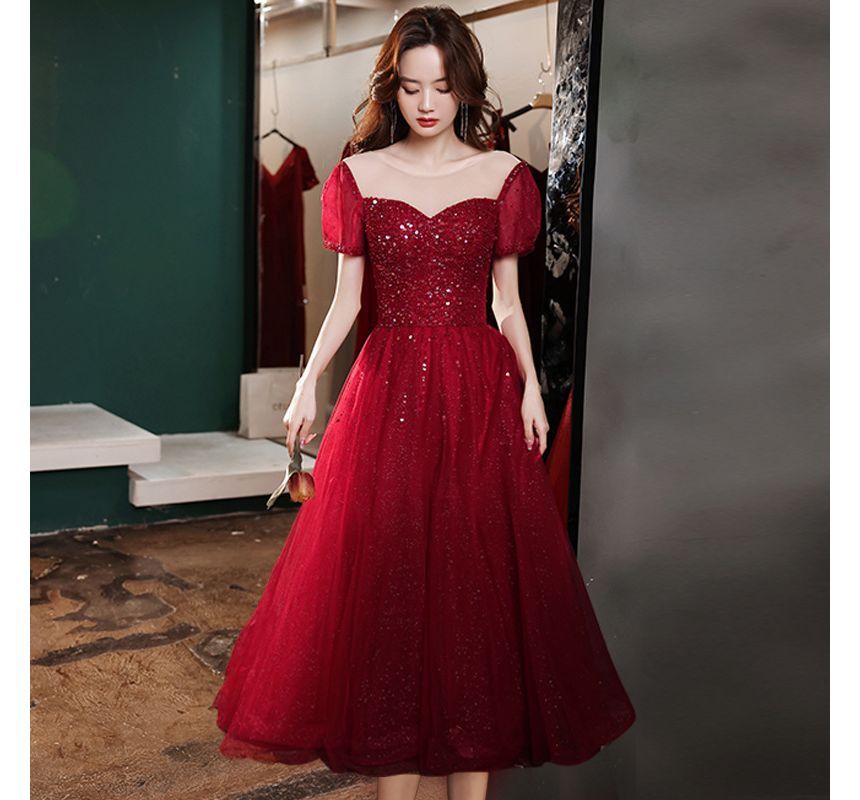 Mesh Neck Round Dress Sequin Evening Cocktail Gown A-Line Short-Sleeve /