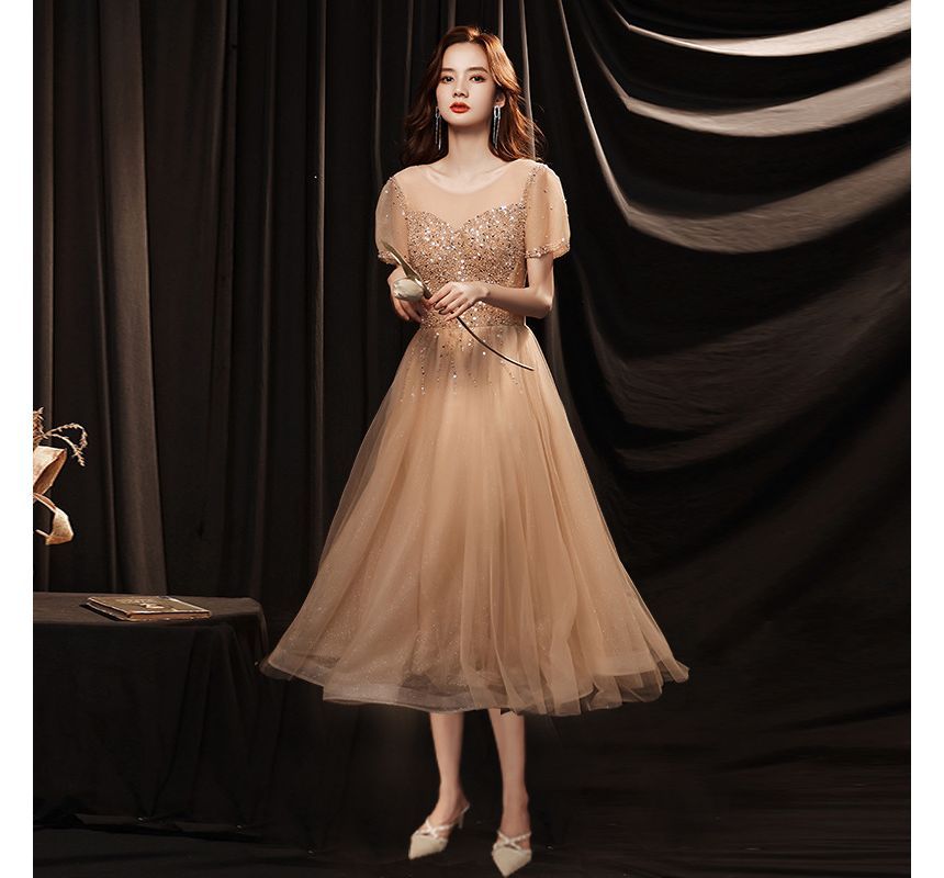 Mesh Neck Round Dress Sequin Evening Cocktail Gown A-Line Short-Sleeve /