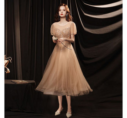 Mesh Neck Round Dress Sequin Evening Cocktail Gown A-Line Short-Sleeve /