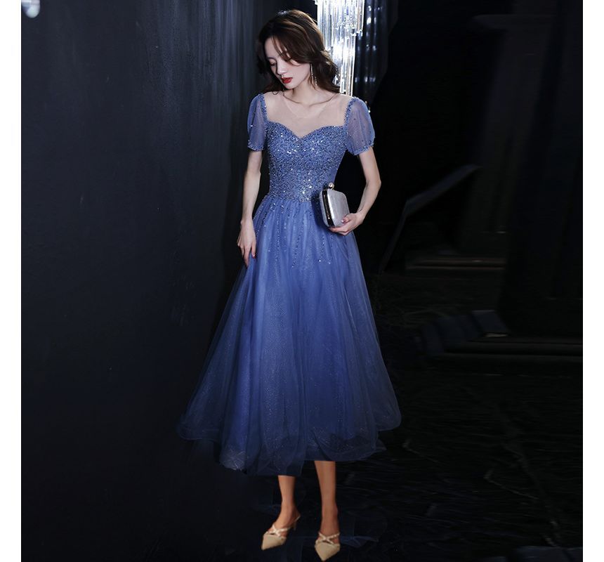 Mesh Neck Round Dress Sequin Evening Cocktail Gown A-Line Short-Sleeve /