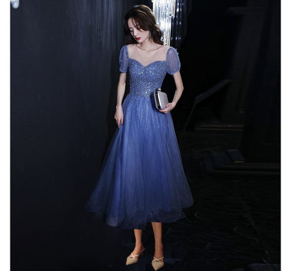 Mesh Neck Round Dress Sequin Evening Cocktail Gown A-Line Short-Sleeve /