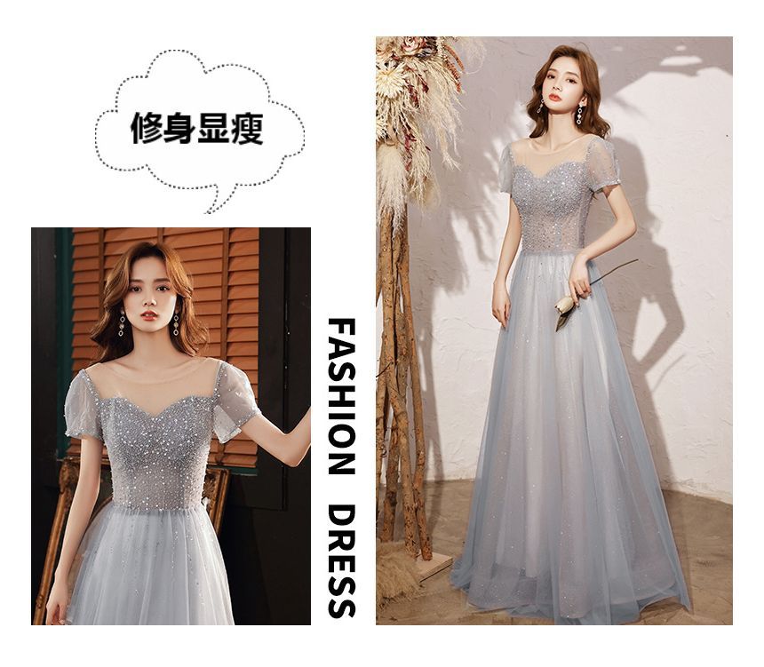 Short-Sleeve Round Neck Sequin Mesh A-Line Cocktail Dress / Evening Gown