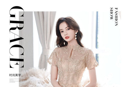 Faux Pearl Mock Neck / Short-Sleeve Embroidered Flower Dress Evening Gown Cocktail A-Line