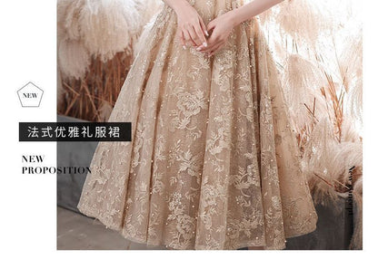 Faux Pearl Mock Neck / Short-Sleeve Embroidered Flower Dress Evening Gown Cocktail A-Line