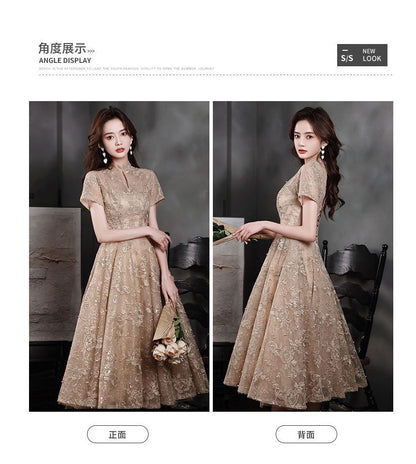 Faux Pearl Mock Neck / Short-Sleeve Embroidered Flower Dress Evening Gown Cocktail A-Line