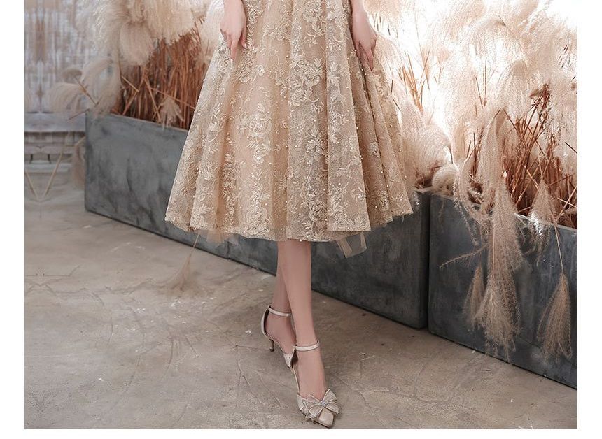 Faux Pearl Mock Neck / Short-Sleeve Embroidered Flower Dress Evening Gown Cocktail A-Line