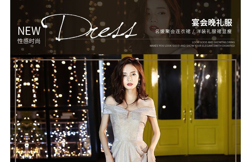 Shoulder Evening / Gown Off Dress Glitter A-Line Cocktail