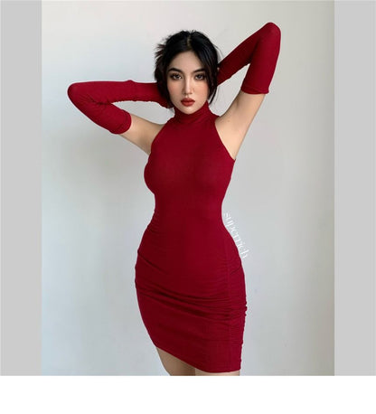 Plain Dress Sleeves Arm With Turtleneck Mini Sleeveless