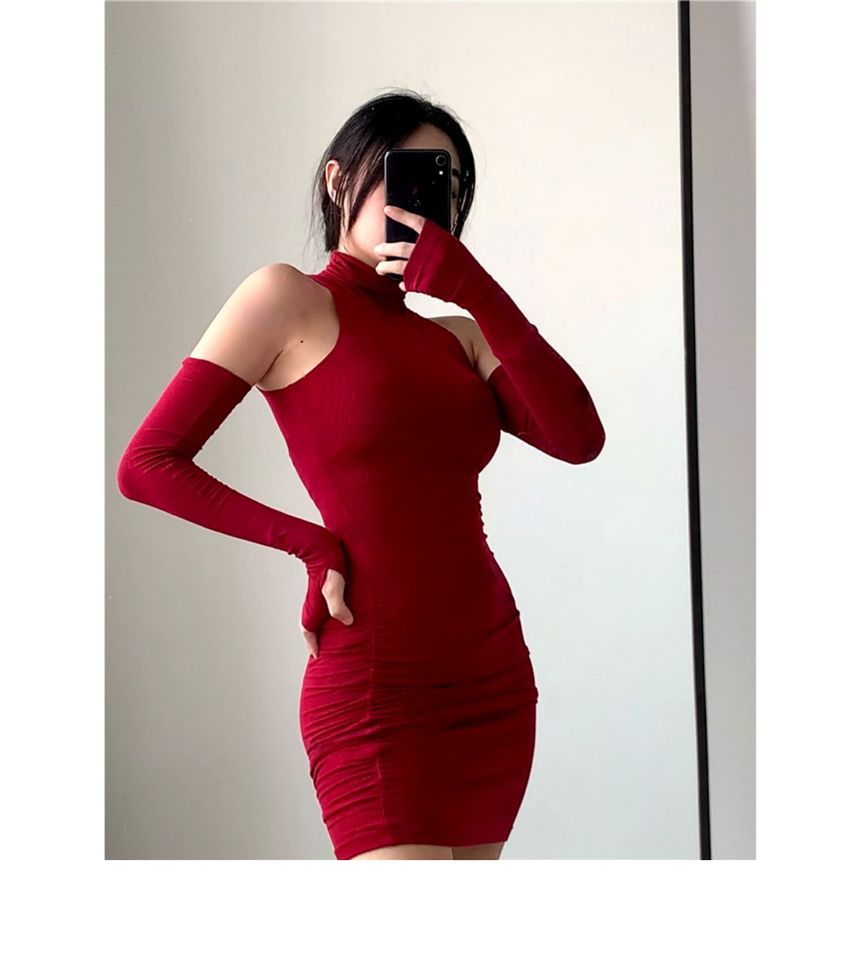 Plain Dress Sleeves Arm With Turtleneck Mini Sleeveless