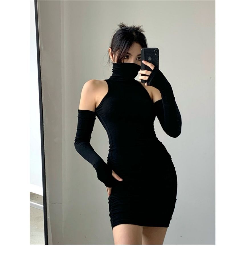 Plain Dress Sleeves Arm With Turtleneck Mini Sleeveless