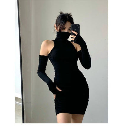 Plain Dress Sleeves Arm With Turtleneck Mini Sleeveless