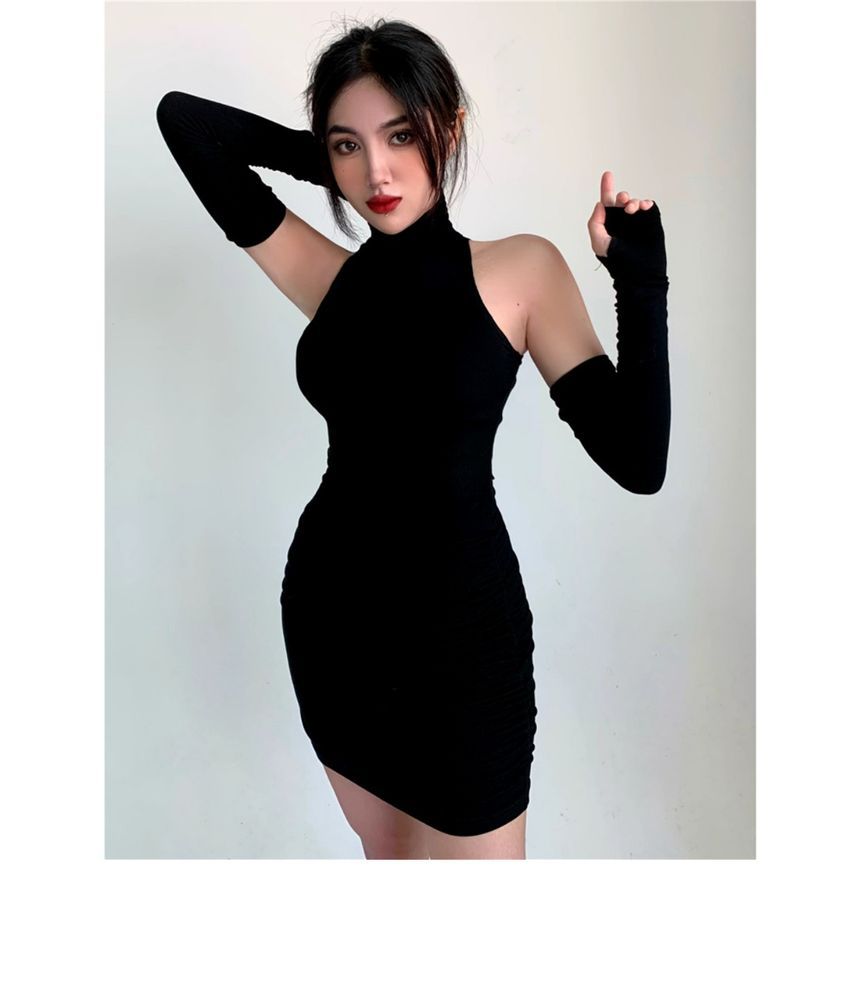 Plain Dress Sleeves Arm With Turtleneck Mini Sleeveless