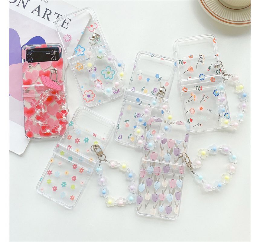 Heart Print / Flower Print with  Chain Mobile Phone Case- Samsung Galaxy Z Flip 3 / Flip 4