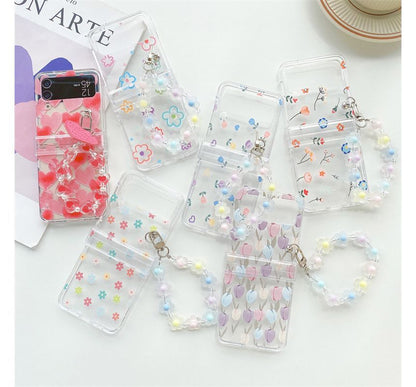 Heart Print / Flower Print with  Chain Mobile Phone Case- Samsung Galaxy Z Flip 3 / Flip 4