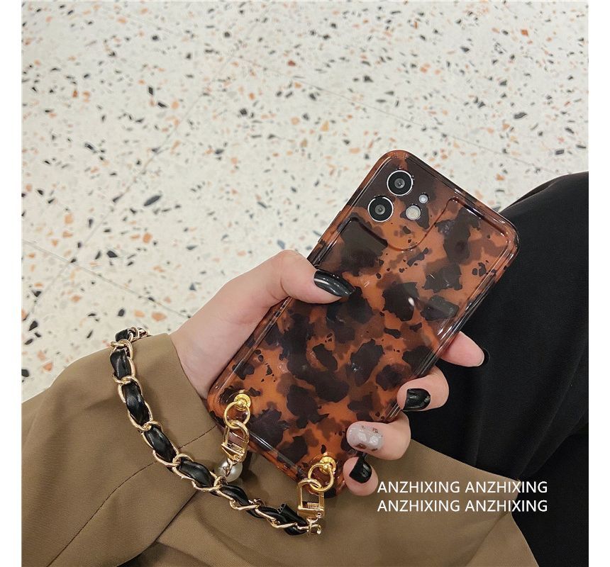 Pearl Case Faux Phone Print Leopard Chain