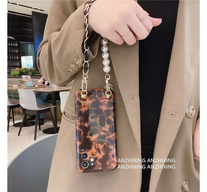Pearl Case Faux Phone Print Leopard Chain