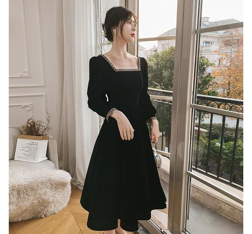 Long-Sleeve Square Neck Midi A-Line Dress