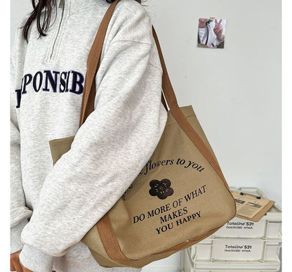 Two-Tone Flower Print Canvas Tote Bag