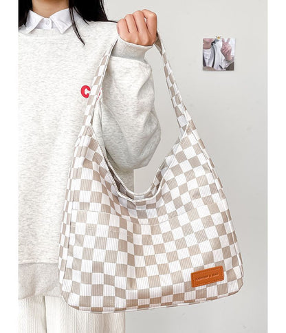 Checker Lettering Applique Corduroy Tote Bag