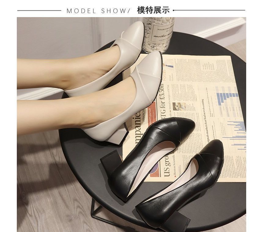 Leather Heel Pumps Chunky Faux