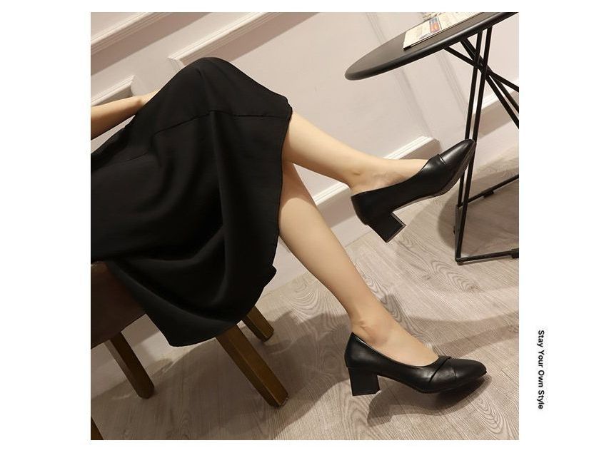 Leather Heel Pumps Chunky Faux