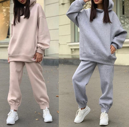 Set: Long Sleeve Plain Loose-Fit Hoodie + Straight-Leg Sweatpants