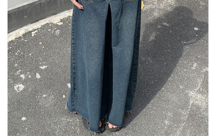 High Waist Washed Fray Hem Maxi Denim Skirt