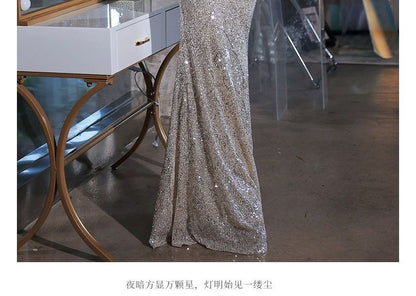 Sleeveless V-Neck Sequined Mermaid Evening Gown