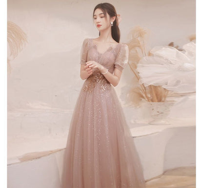 A-Line Notched Gown Evening Sequined Short-Sleeve