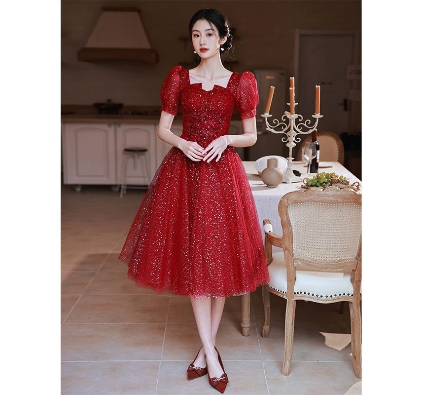 A-Line Notched Gown Evening Sequined Short-Sleeve