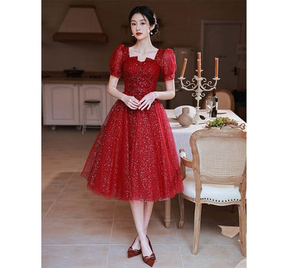 A-Line Notched Gown Evening Sequined Short-Sleeve