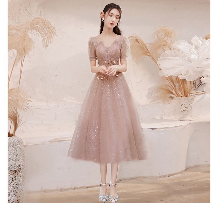 A-Line Notched Gown Evening Sequined Short-Sleeve