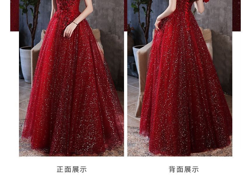 A-Line Notched Gown Evening Sequined Short-Sleeve