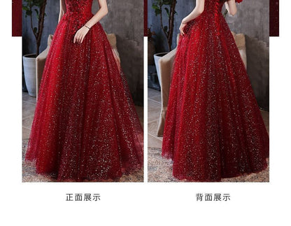 A-Line Notched Gown Evening Sequined Short-Sleeve