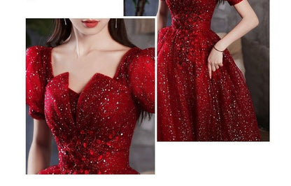 Short-Sleeve Notched Sequined A-Line Evening Gown