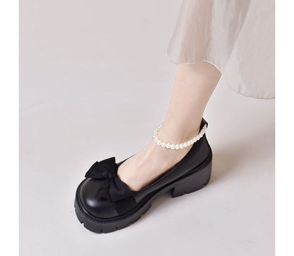 Platform Bow Faux Pearl Ankle Strap Pumps