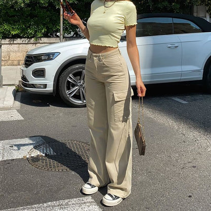 High Waist Pocket Straight-Fit Wide-Leg Cargo Pants