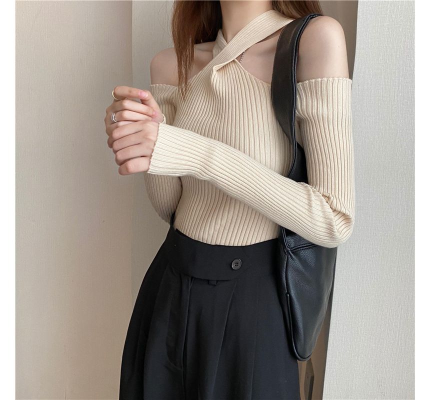 Top Halter Long-Sleeve Cold-Shoulder Knit Plain