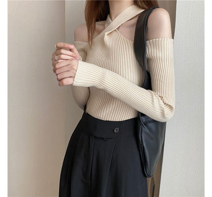 Top Halter Long-Sleeve Cold-Shoulder Knit Plain