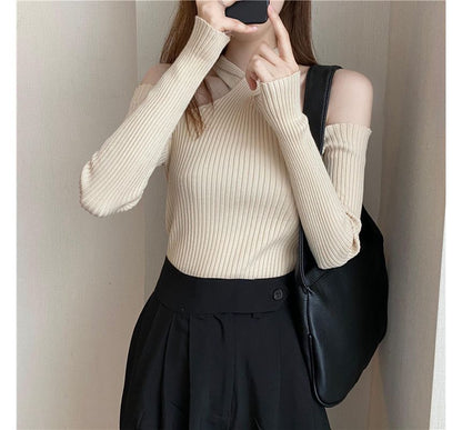 Top Halter Long-Sleeve Cold-Shoulder Knit Plain