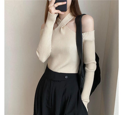 Top Halter Long-Sleeve Cold-Shoulder Knit Plain