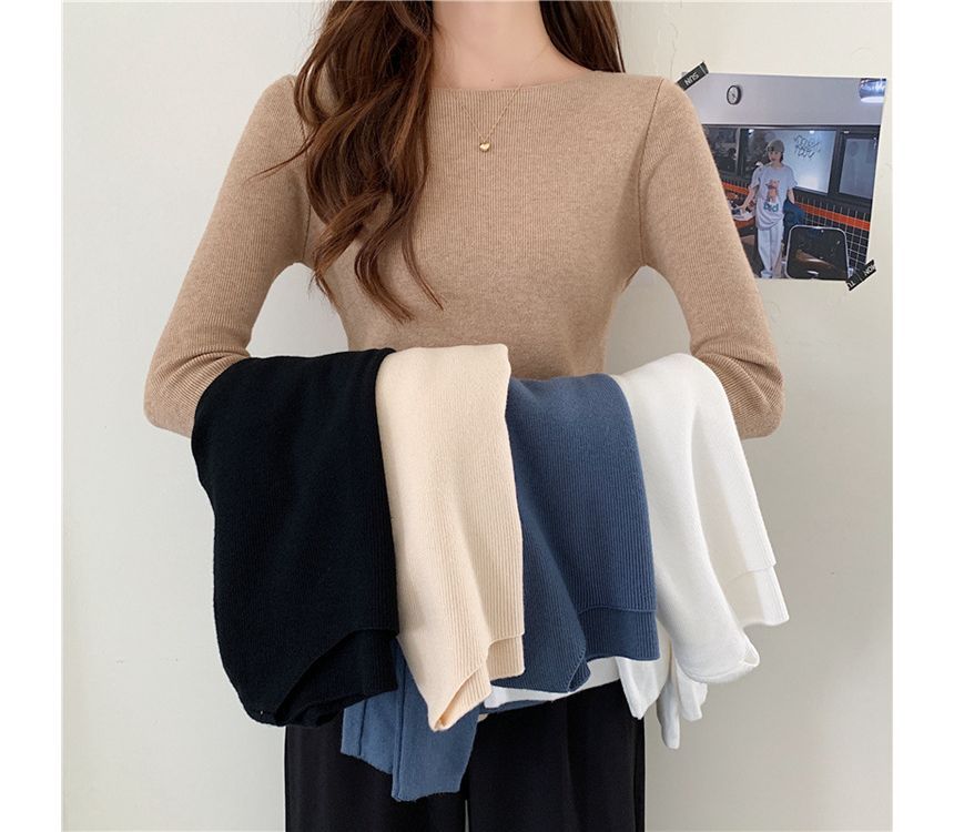 Top Knit Long-Sleeve Slim-Fit Plain