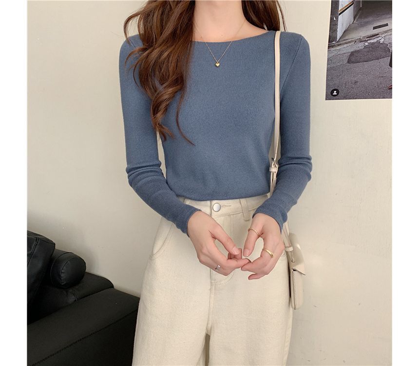 Top Knit Long-Sleeve Slim-Fit Plain