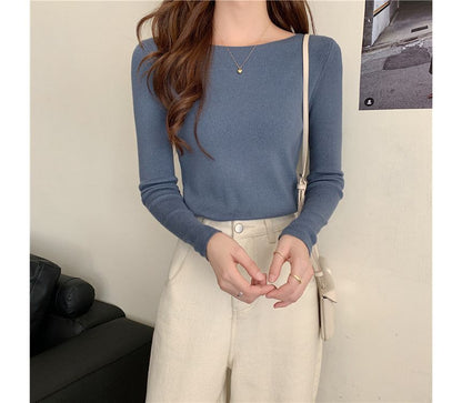 Top Knit Long-Sleeve Slim-Fit Plain