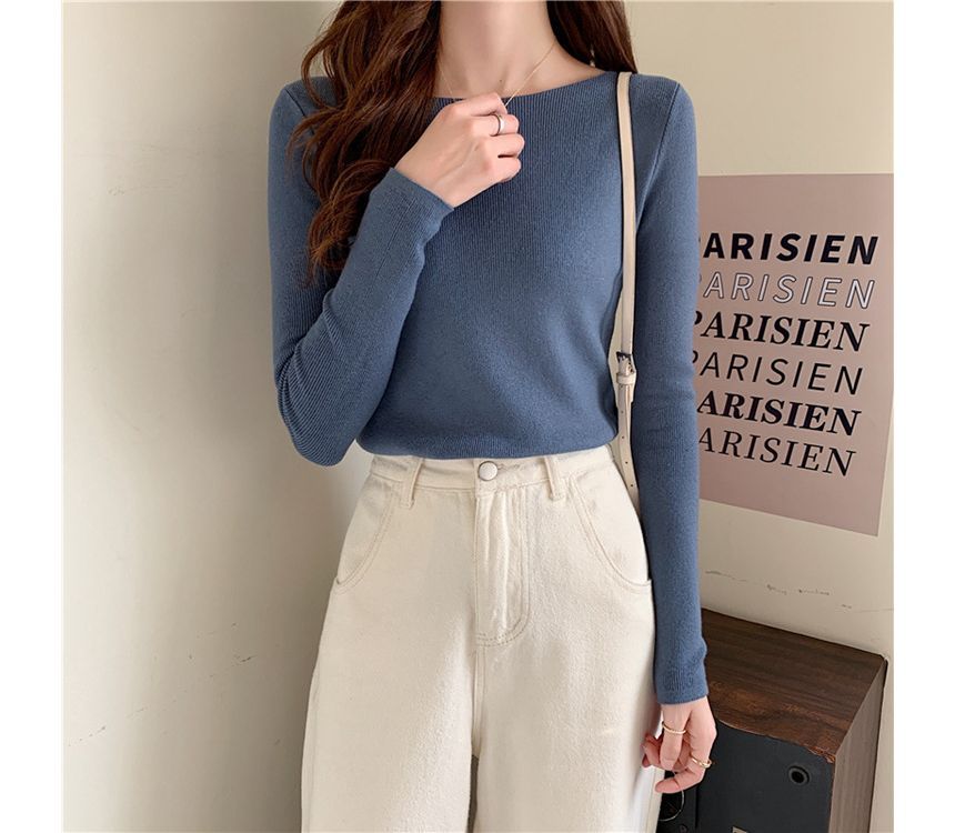 Top Knit Long-Sleeve Slim-Fit Plain