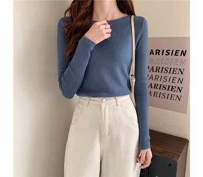 Top Knit Long-Sleeve Slim-Fit Plain