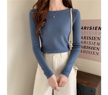 Top Knit Long-Sleeve Slim-Fit Plain